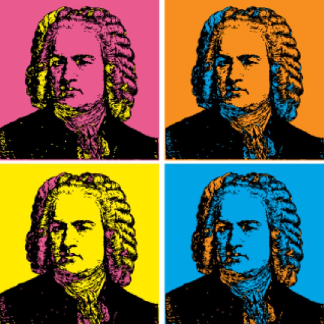 Bach's portrait in a 4x4 grid with pink, orange, yellow, and blue backgrounds