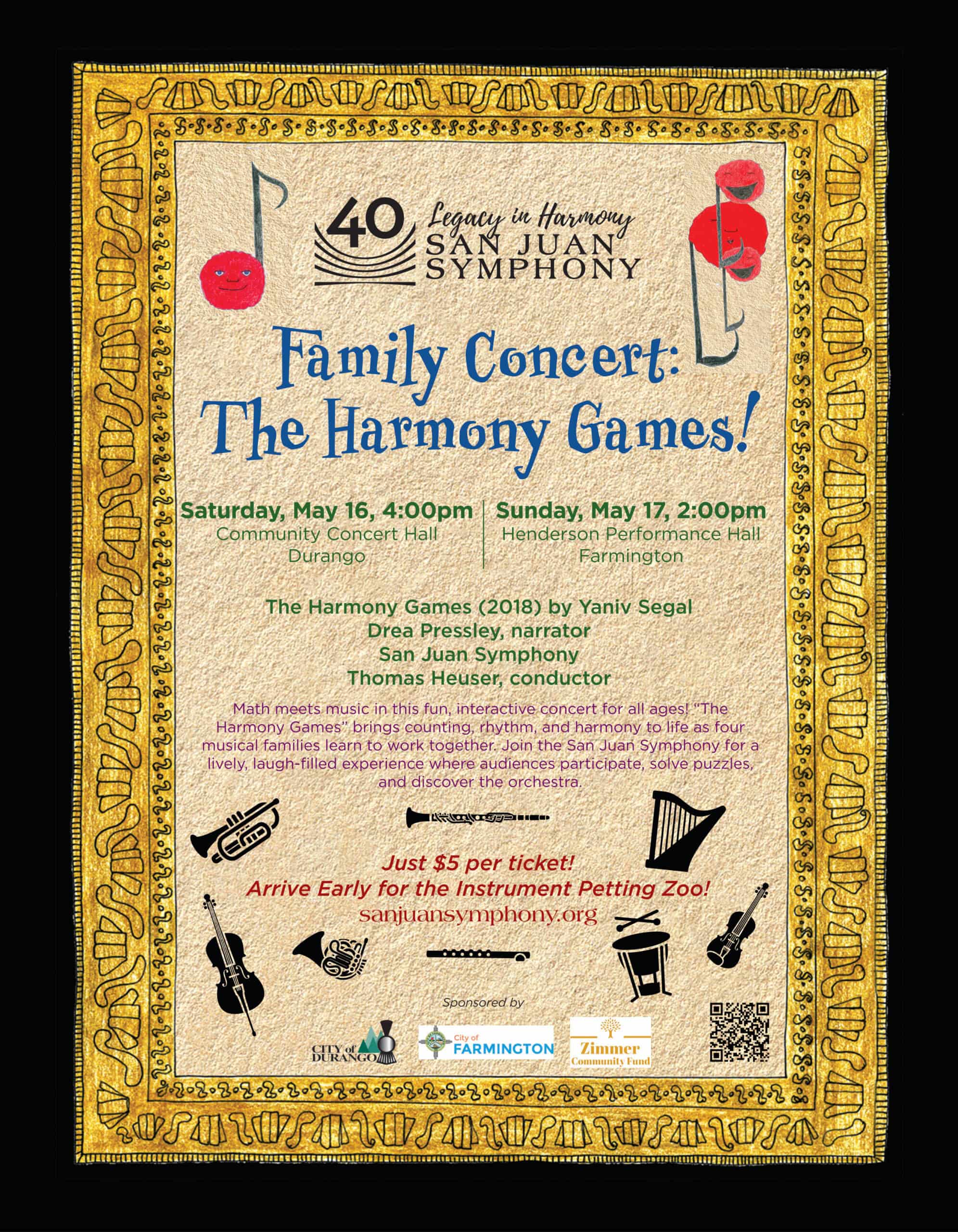 Poster advertising the San Juan Symphony's 40th anniversary Family Concert: The Harmony Games!, with event dates, times, and venues, plus musical instrument icons and sponsor logos.