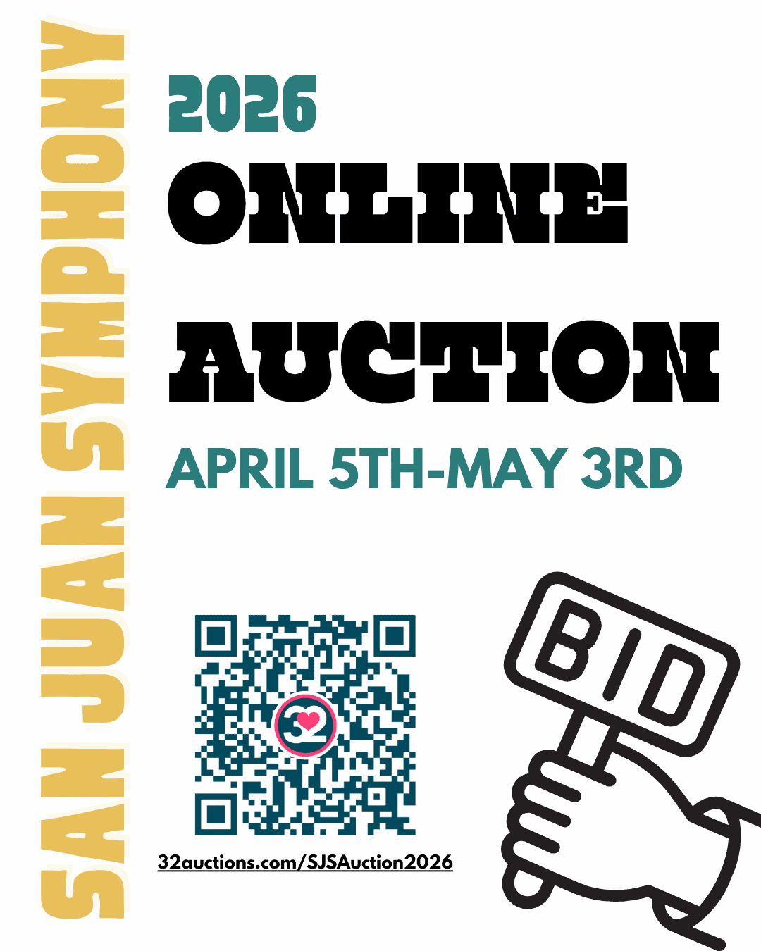 Promotional poster for a 2026 online auction with dates April 5–May 3, plus a QR code and a BID icon.