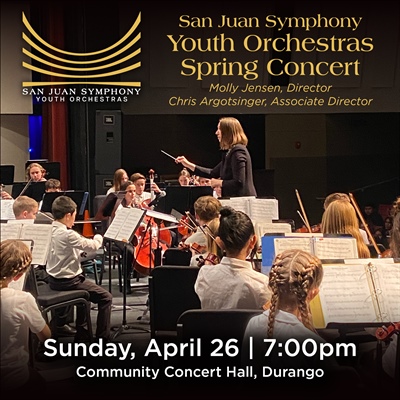 aid19215SJSYO-25-26-spring-concert-500x500-1 - San Juan Symphony Conductor leads San Juan Symphony Youth Orchestras during a spring concert; event: Sun Apr 26, 7:00pm, Community Concert Hall, Durango.