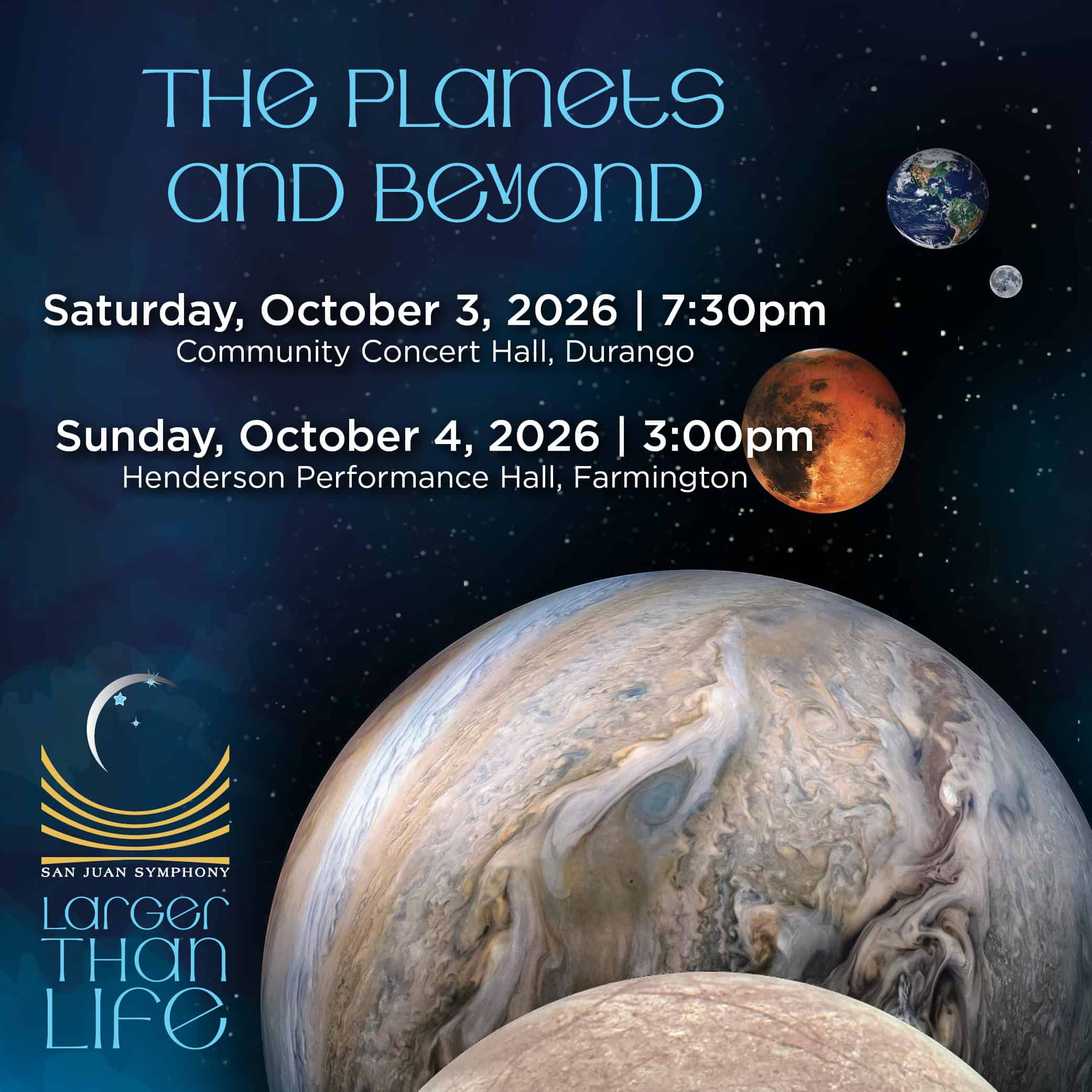 Poster for a space-themed concert: 'The Planets and Beyond' with planets and stars, event details below.