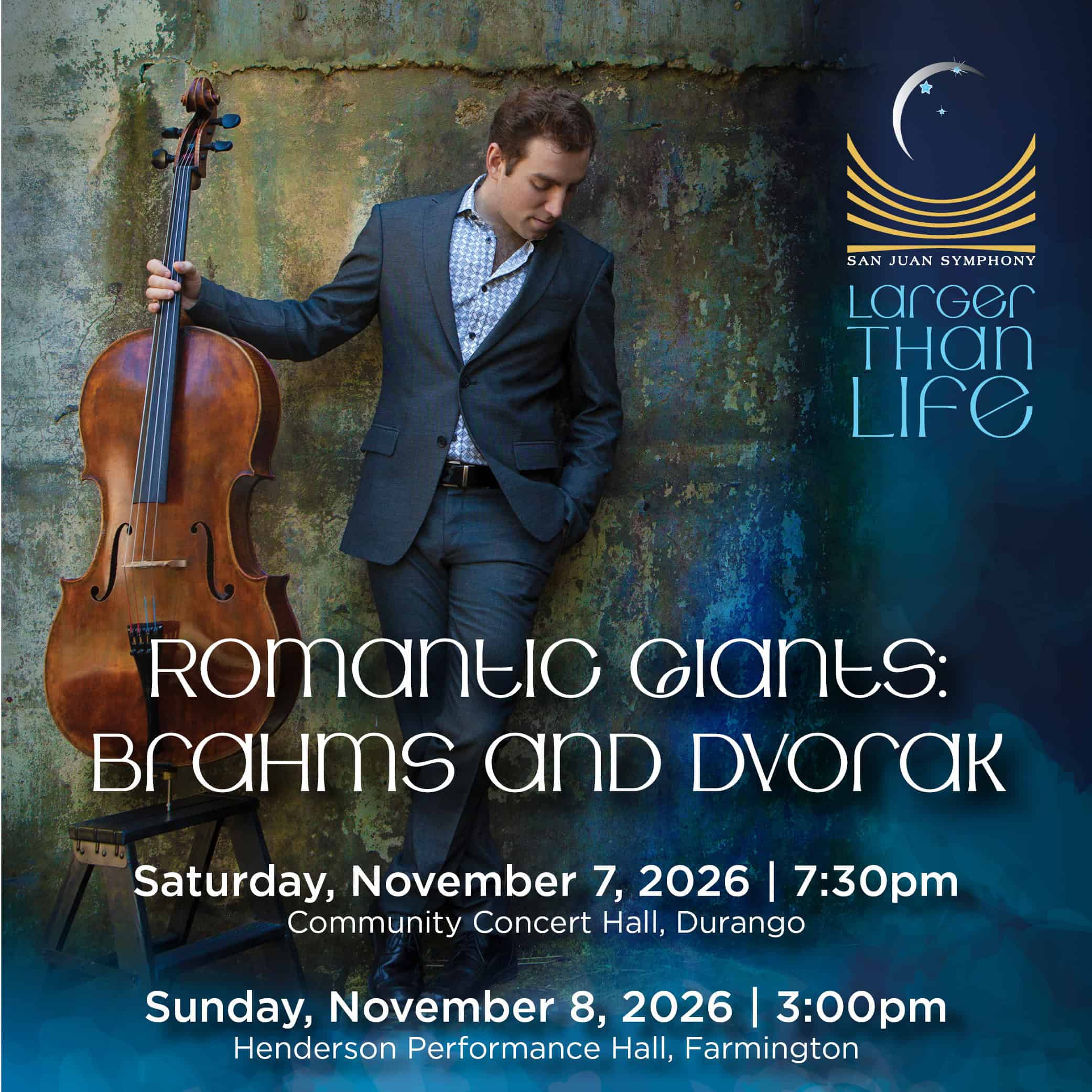 Musician in a dark suit leaning against a textured wall with a cello beside him; festival poster text overlays surround him.