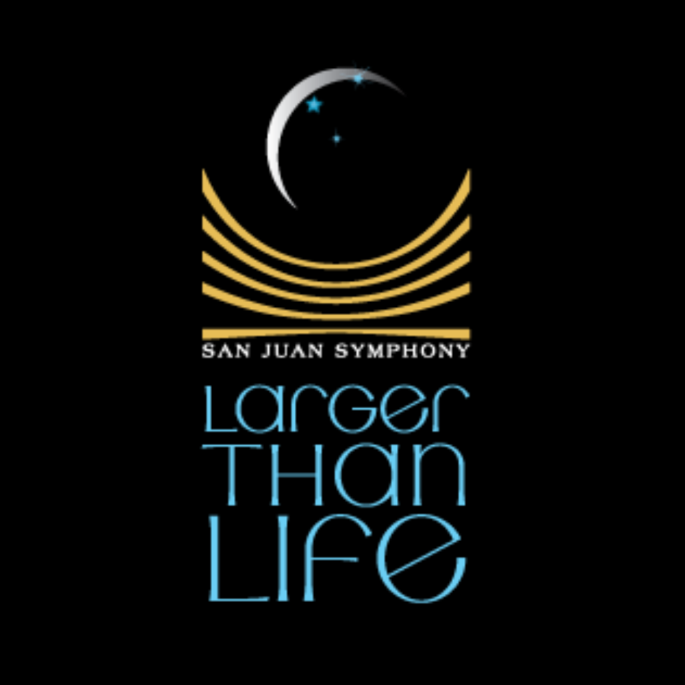 San Juan Symphony 'Larger Than Life' logo: silver crescent moon with blue stars above gold curved bands and blue 'Larger Than Life' text.