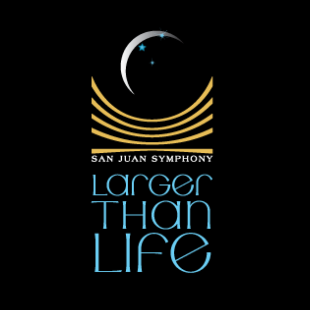 San Juan Symphony 'Larger Than Life' logo: silver crescent moon with blue stars above gold curved bands and blue 'Larger Than Life' text.