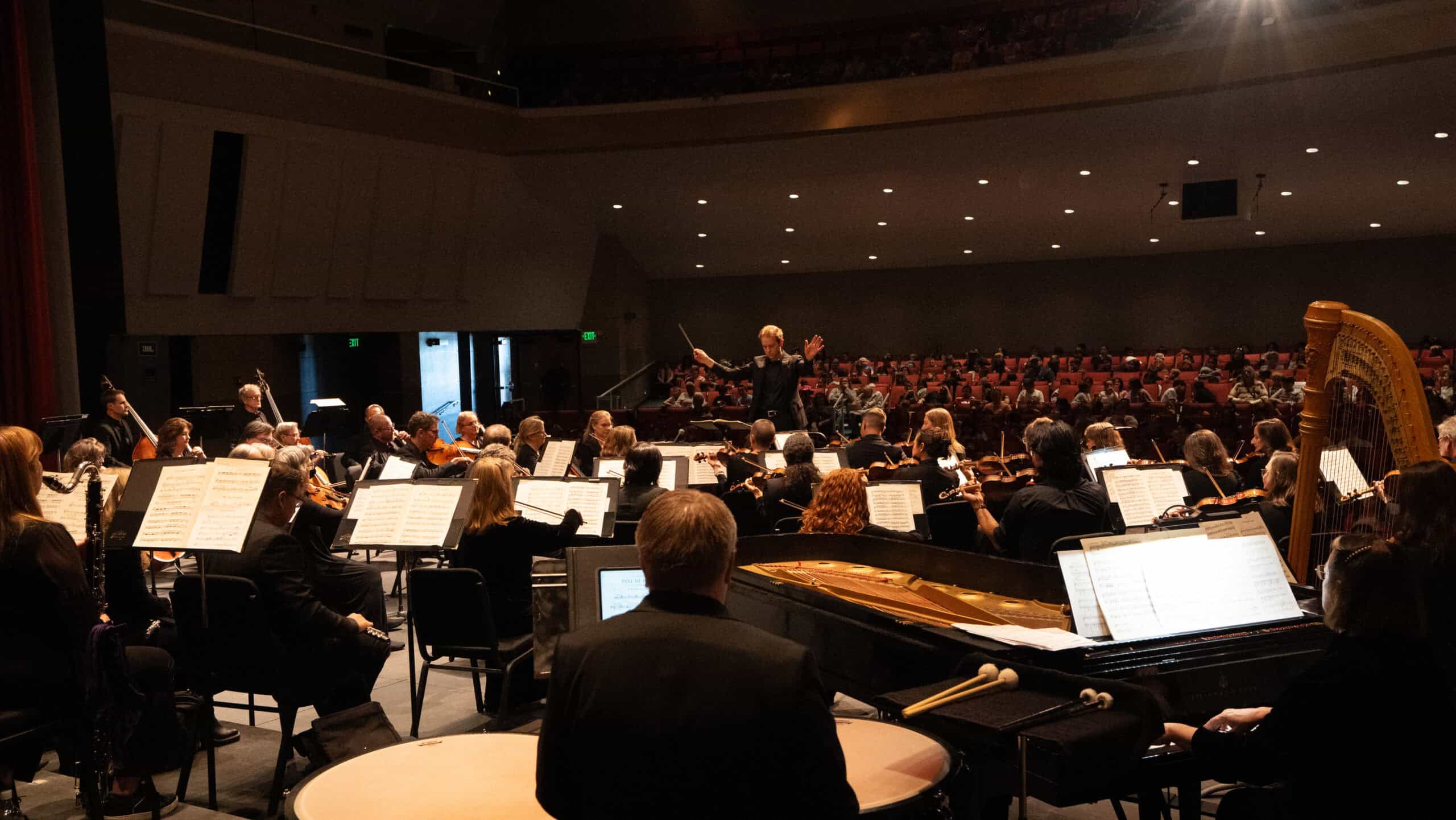 Orchestra performance in a concert hall: conductor at center with baton, string players and percussionists around, audience seated in red seats in the dimly lit auditorium, harp visible on the right.