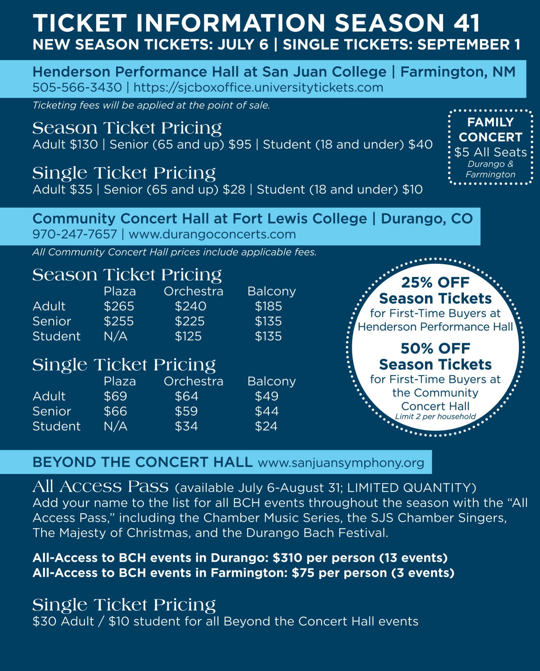 Season ticket and pricing details for Henderson Performance Hall events at San Juan College, Farmington, NM with a blue color scheme and circular promo graphics.