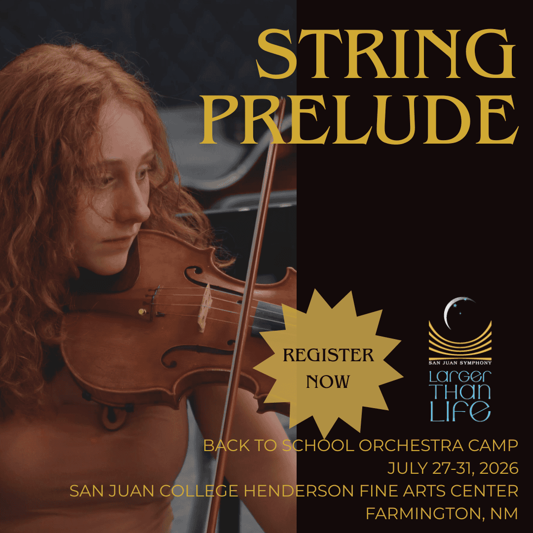 STRING PRELUDE 1 - San Juan Symphony Poster for String Prelude: a young violinist playing on the left, with a gold 'REGISTER NOW' badge and camp details on a dark background.
