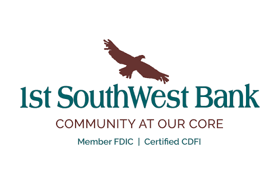 Logo for 1st Southwest Bank featuring a brown soaring bird above teal text '1st SouthWest Bank' and the slogan 'Community at our core' with 'Member FDIC | Certified CDFI'