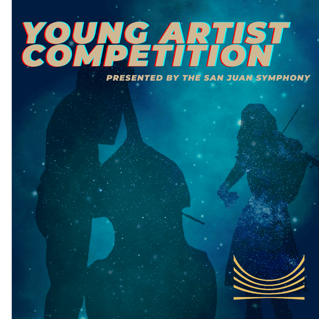 YOUNG ARTIST COMPETITION Instagram Post 1 - San Juan Symphony Poster for Young Artist Competition, presented by the San Juan Symphony, with dark blue silhouette of two performers—a guitarist on the left and a violinist on the right—against a starry teal background; gold curved-arc logo in the bottom-right corner.